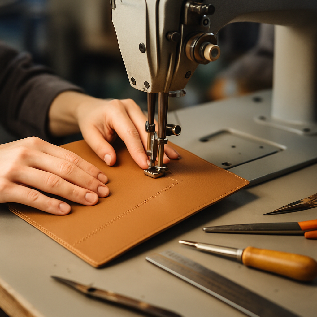 Artisan at work on PU leather